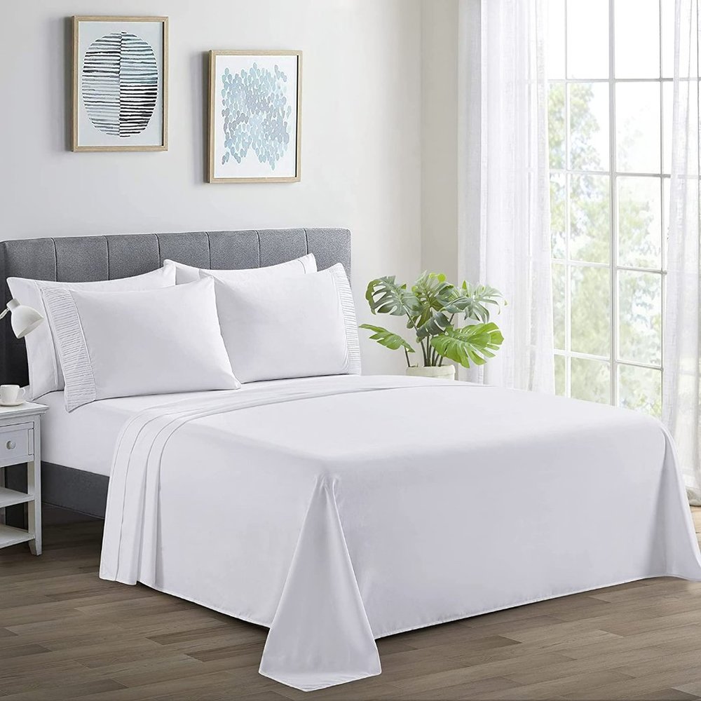 6PC Bed Sheet White Super Soft Wrinkle Free 4 Pillowcases 1 Flat 1 Fitted Sheet